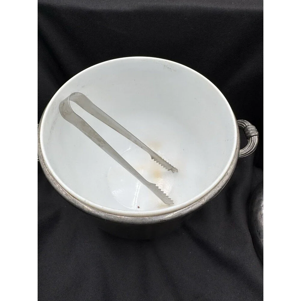 Silver Plated Ice Bucket With Liner And Ice Tongs